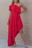 One Shoulder Ruffle High Low Maxi Dress