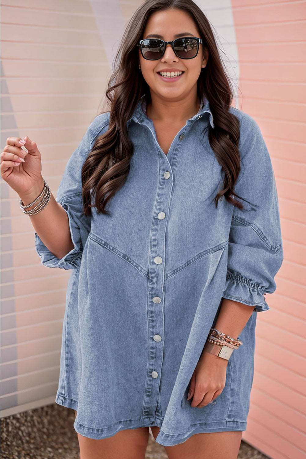 Gray Buttoned Long Sleeve Denim Mini Dress