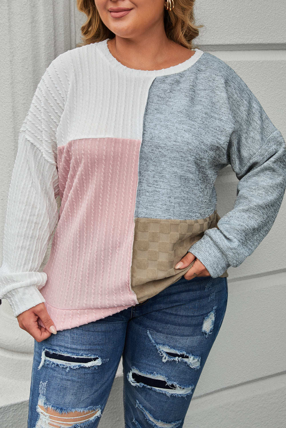 Cable Knit Colorblock Long Sleeve Plus Size Top