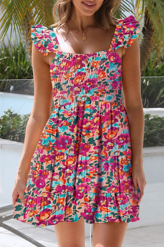 Ruffled Shirred Sleeveless High Rise Floral Mini Dress