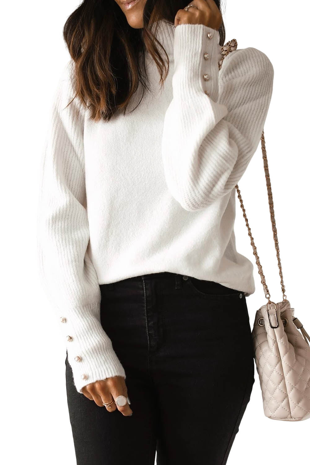 Button Ribbed Puff Sleeve High Neck Sweater