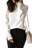 Button Ribbed Puff Sleeve High Neck Sweater