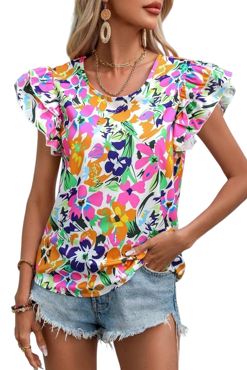 Blouse à manches flottantes et imprimé floral rose