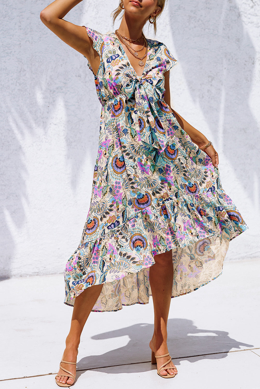 Boho Floral Print Self-tie High Waist Long Dress