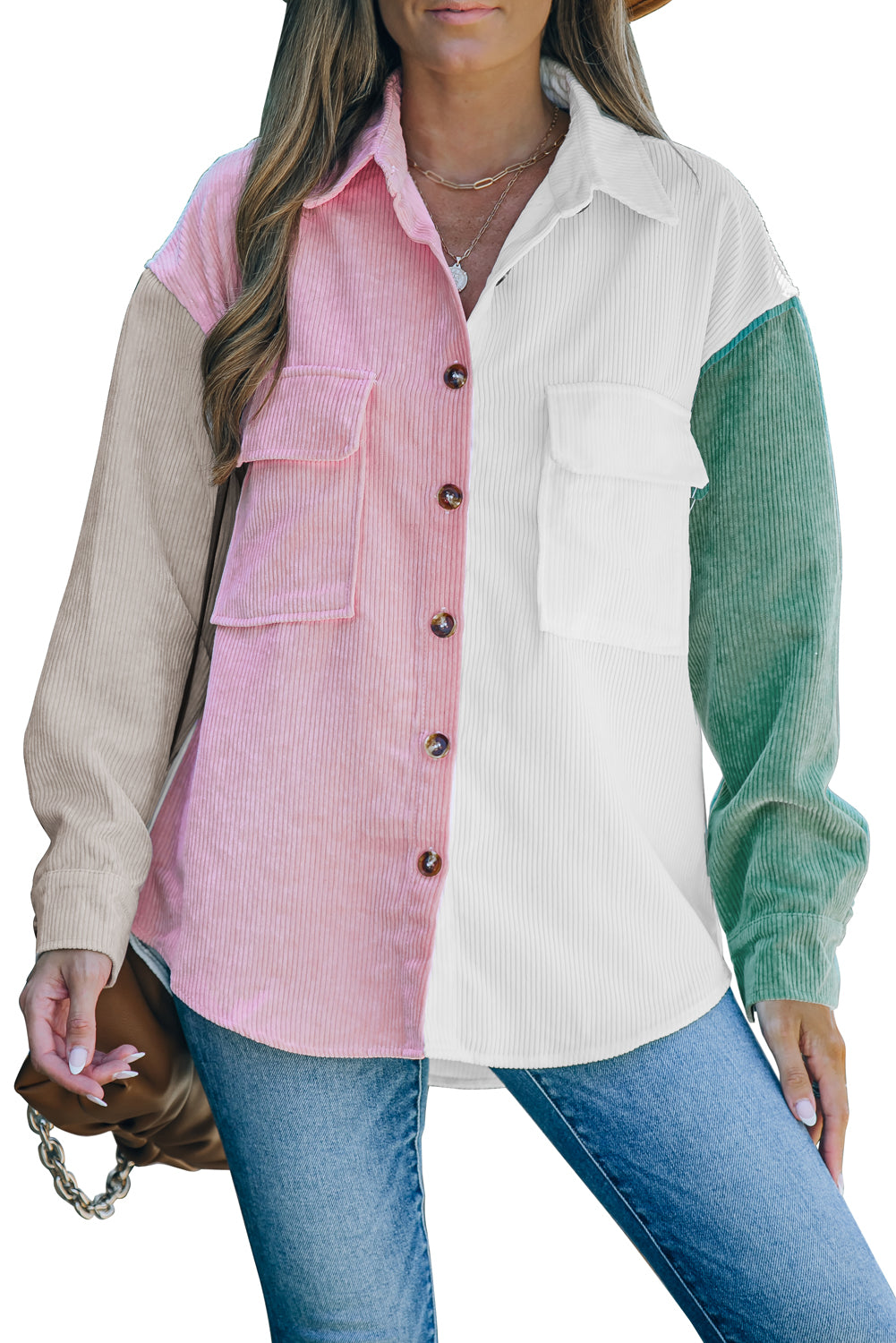 Pink Color Block Button Shirt with Pocket