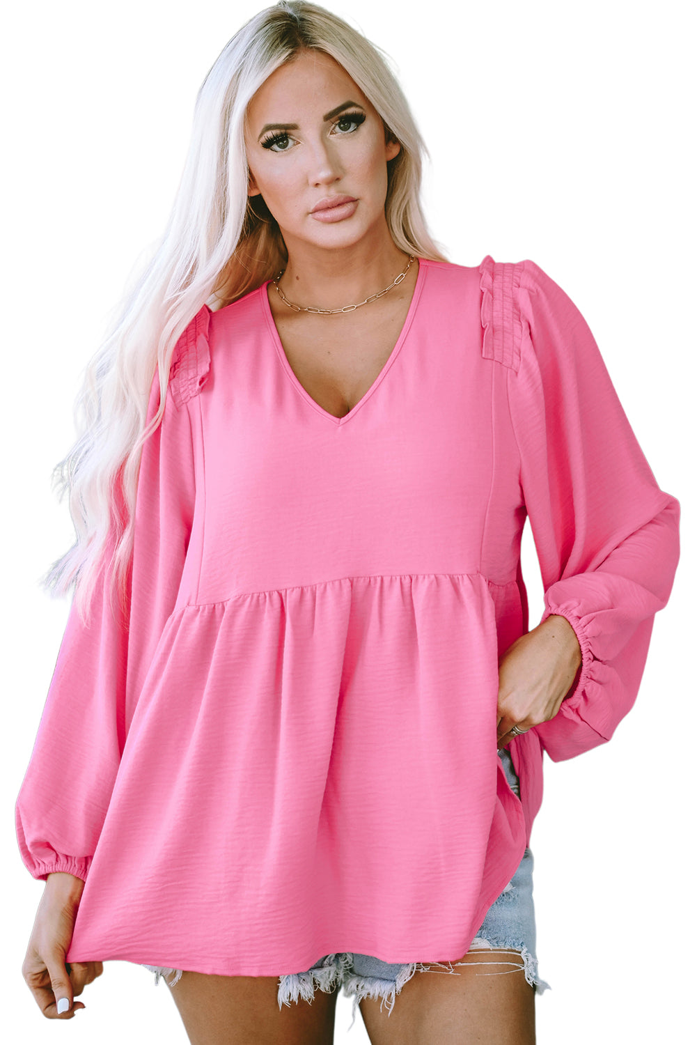 Blouse babydoll rose à volants et col en V à manches bouffantes