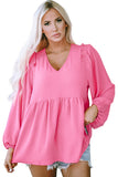 Frilled V Neck Puff Sleeve Babydoll Blouse