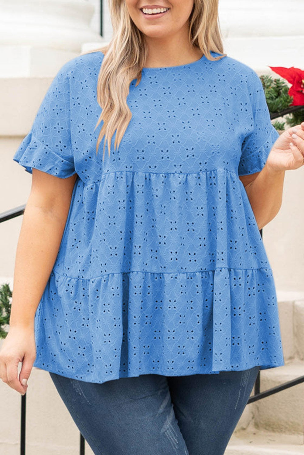 Pink Plus Size Eyelet Pattern Ruffle Sleeve Babydoll Top