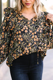 Plus Size Split Neck Ruffled Bubble Sleeve Floral Blouse