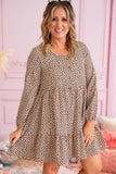 Leopard Spotted Print Tiered Long Sleeve Plus Size Dress