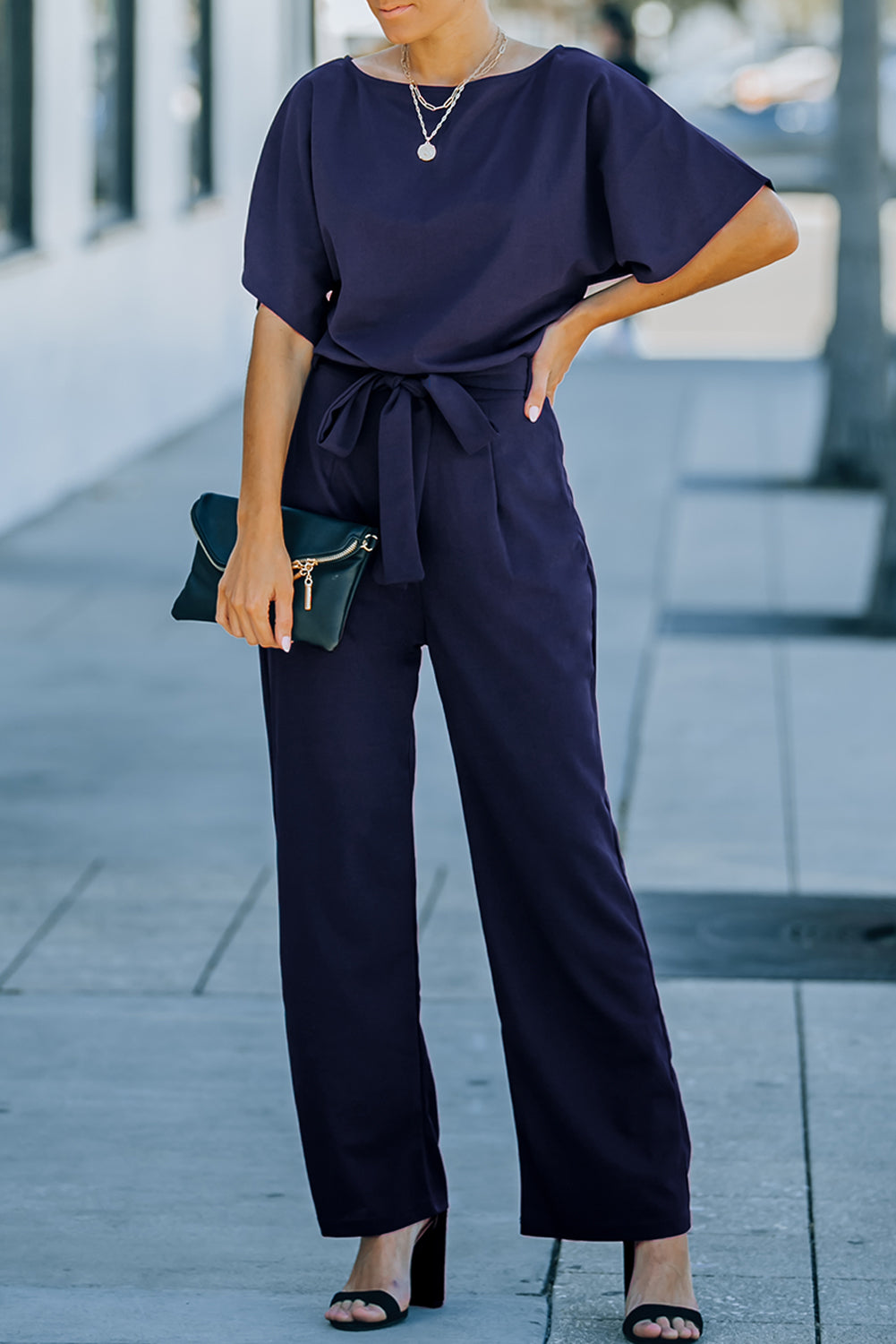 Blue Oh So Glam Belted Wide Leg Jumpsuit