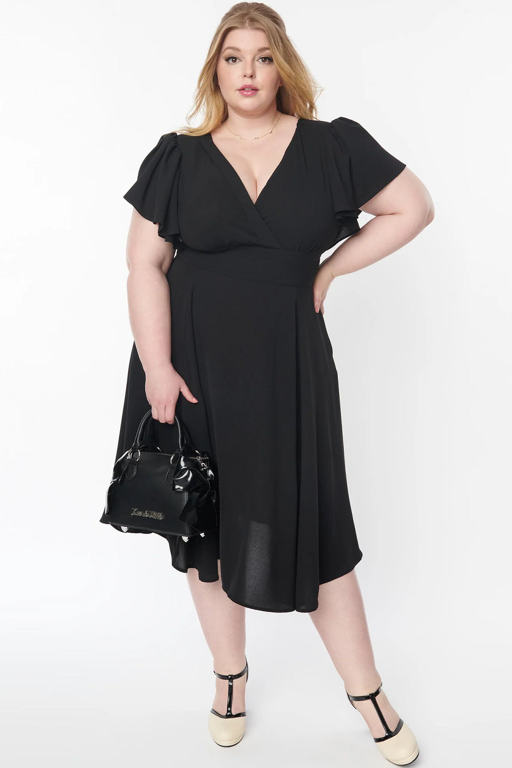 Plus Size Flutter Sleeve V Neck Midi Dress