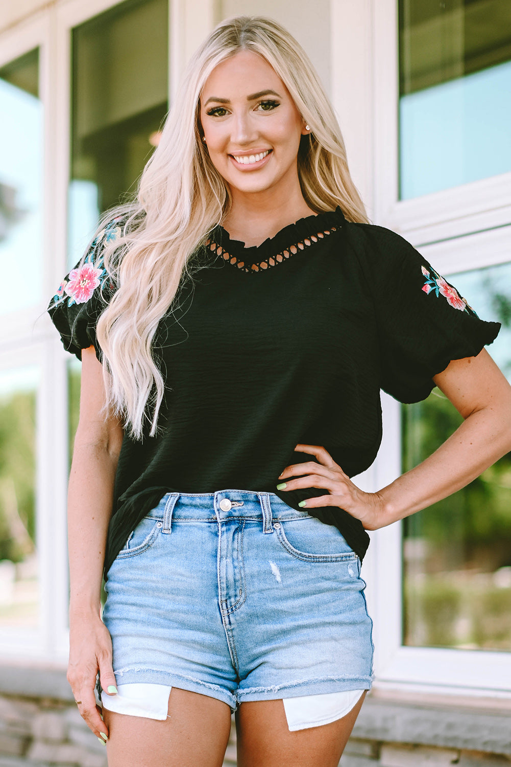 Floral Embroidered Bubble Sleeve Frill V Neck Top