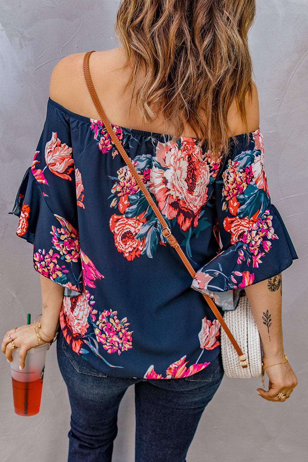 Off Shoulder Floral Tie Front High Low Chiffon Blouse