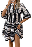 Black Geometric Print V Neck Ruffled Dress