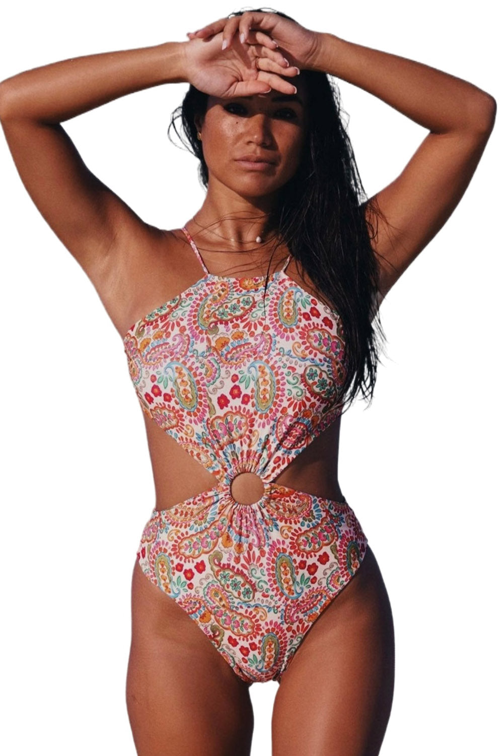 Floral Print O-ring Lace-up Backless One Piece Swimsuit