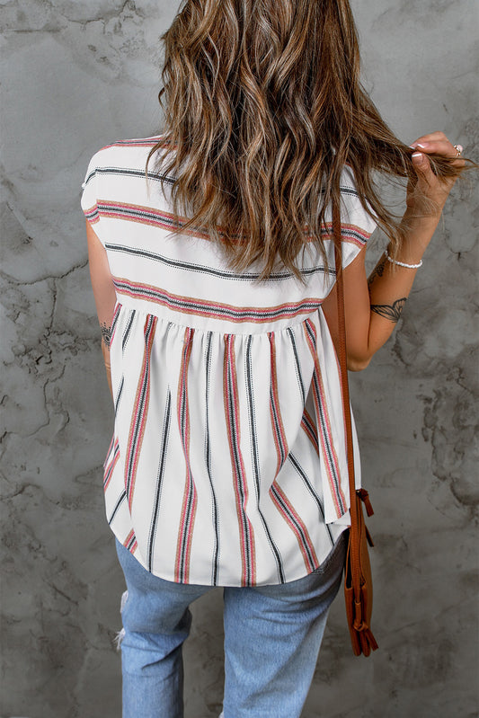 Striped Print Loose V Neck Short Sleeve Top