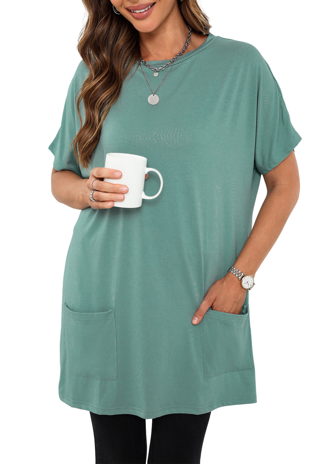 Side Pockets Short Sleeve Tunic Top