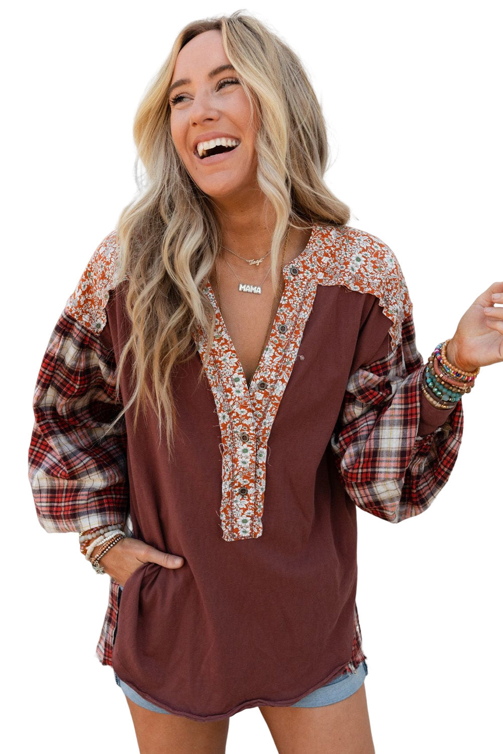 Red Floral Plaid Mixed Print Bishop Sleeve Patchwork Top