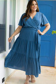 Plus Size Pleated Lace-up V Neck Wrap Maxi Dress