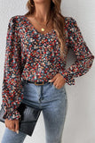 V Cut Lace Patch Tie-up Ruffled Puff Sleeve Floral Blouse