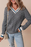 Medium Grey Color Contrast Ribbed Edge Cable Knit V Neck Sweater