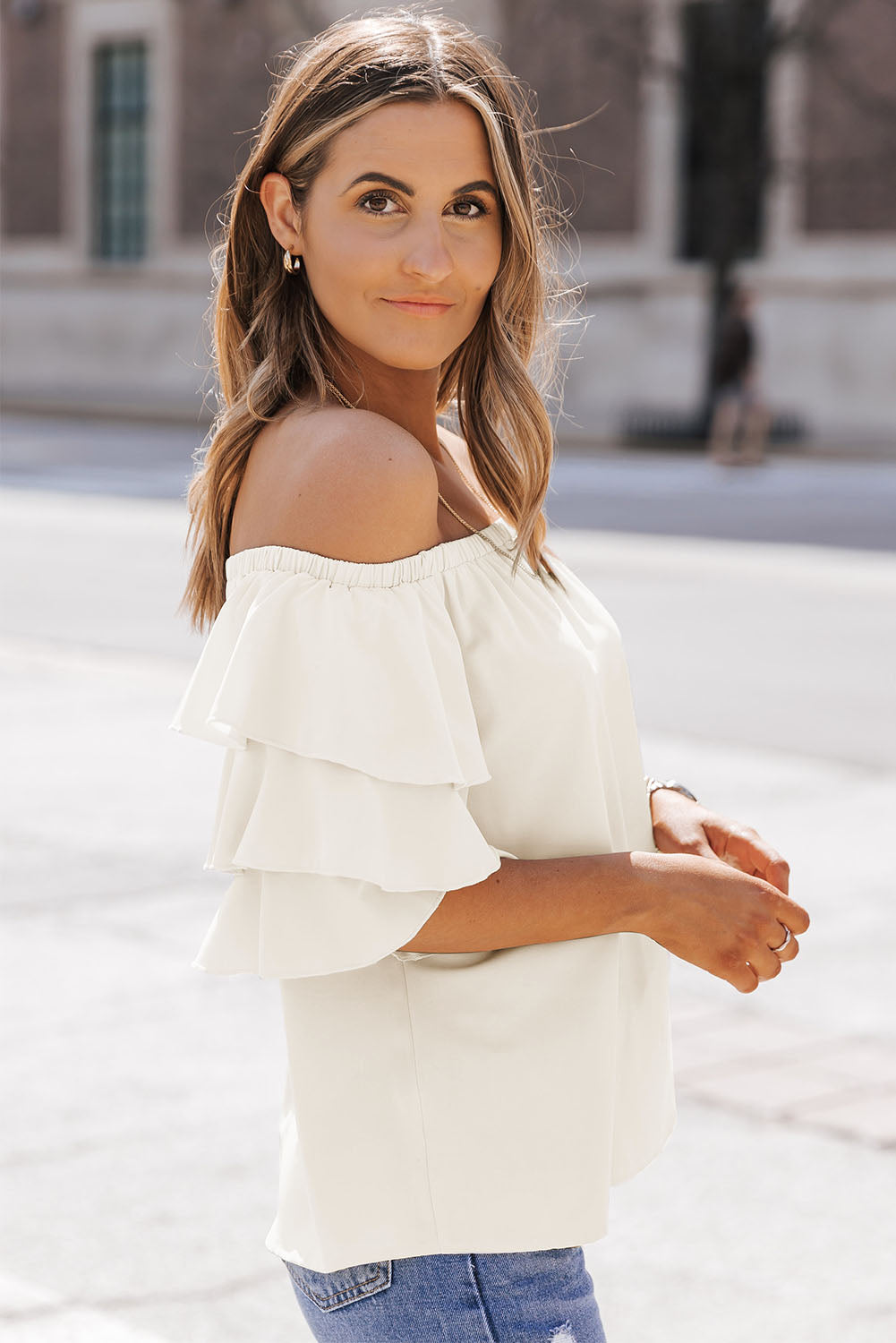 Tiered Ruffled Half Sleeve Off Shoulder Blouse