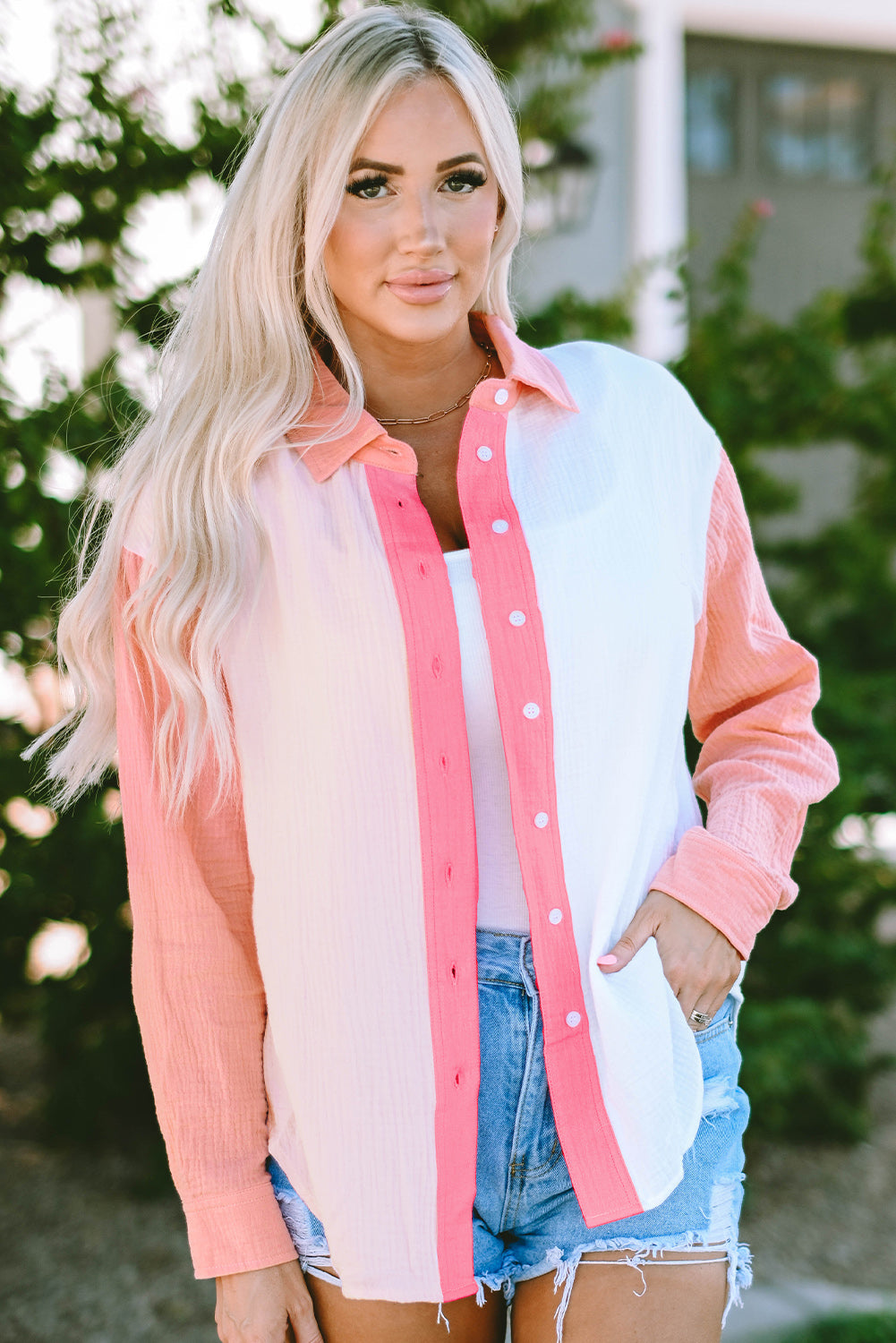 Color Block Patchwork Crinkle Long Sleeve Shirt