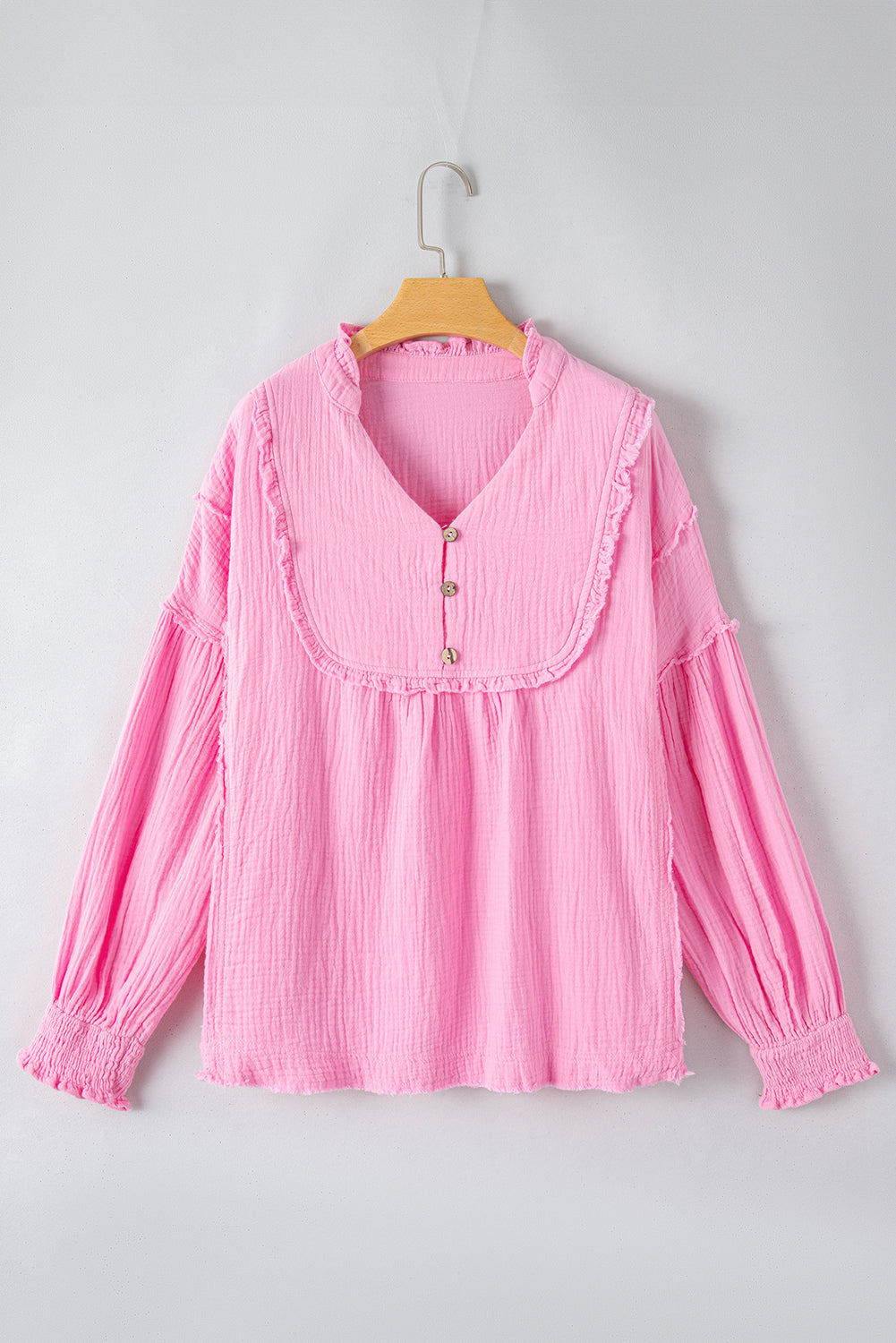 Pink Retro Frilled Seam Crinkle Puff Sleeve Blouse