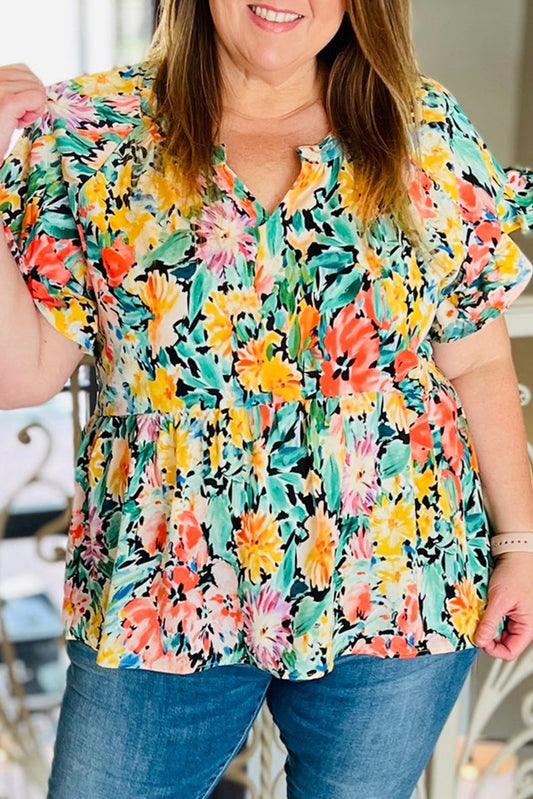 Blouse Florale Multicolore à Manches Courtes et à Volants de Grande Taille