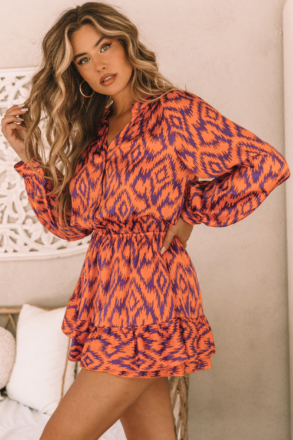 Aztec Bubble Sleeve High Waist Romper