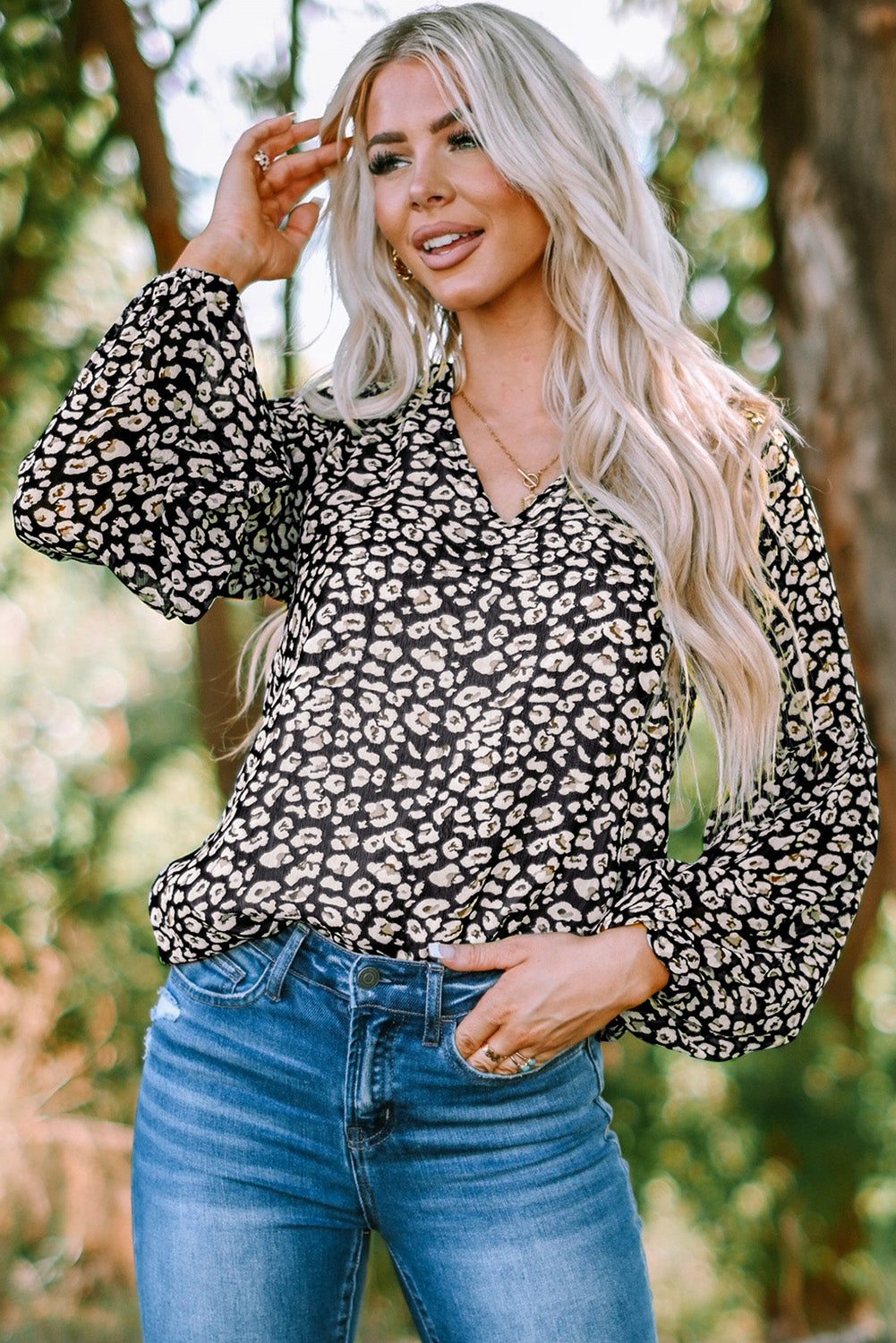 Green Floral Print V Neck Long Puff Sleeve Top