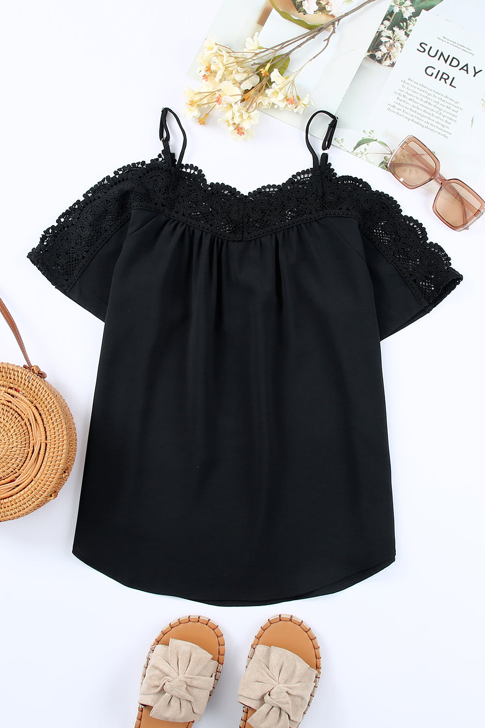 Crochet Neckline Off-shoulder Short Sleeve Top