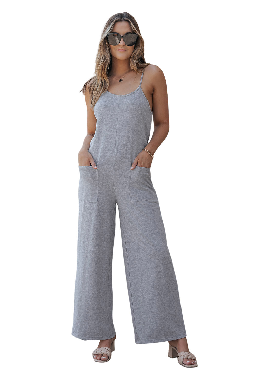 Black Patch Pockets Spaghetti Strap Wide Leg Jumpsuit