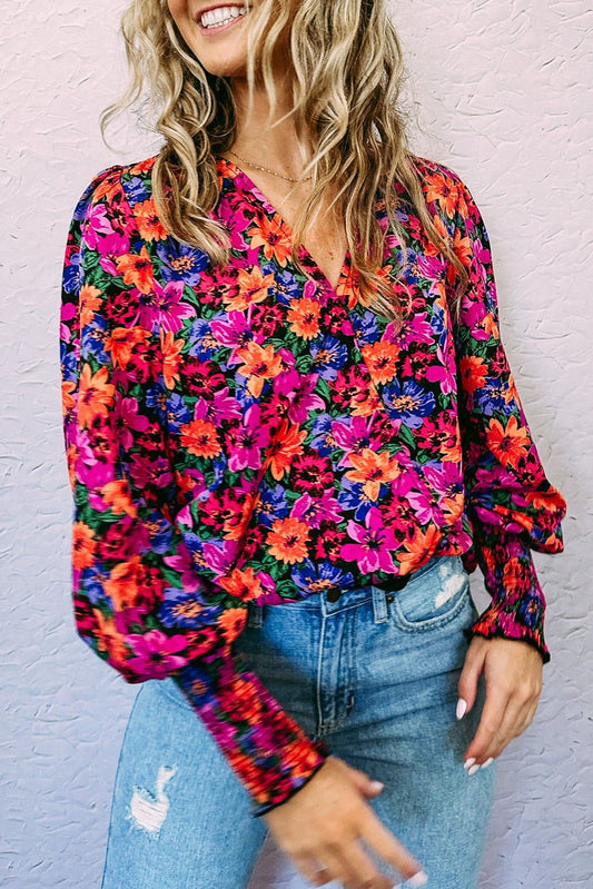 Floral Print Wrap V Neck Long Sleeve Bodysuit