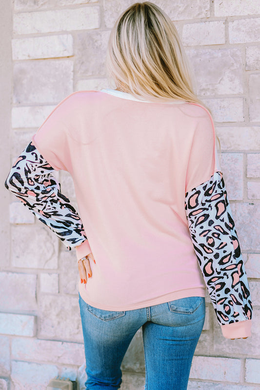 Pink Leopard Sleeve Patchwork Waffle Knit Top