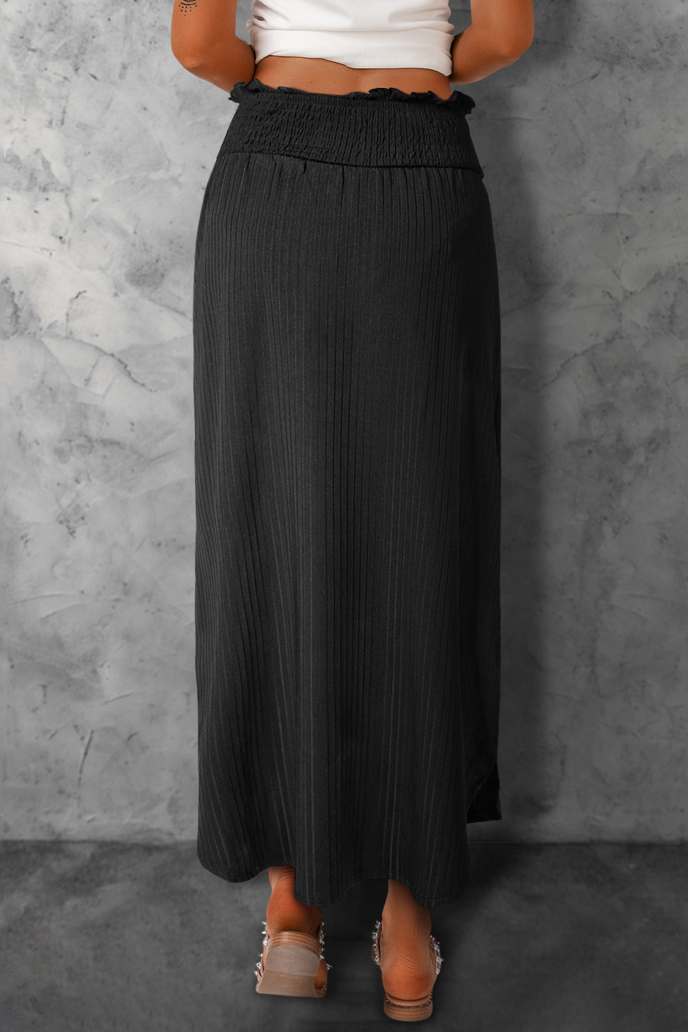 Smocked High Waist Maxi Skirt with Slit