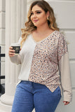 Plus Size Leopard Patchwork Mix Knit Long Sleeve Top