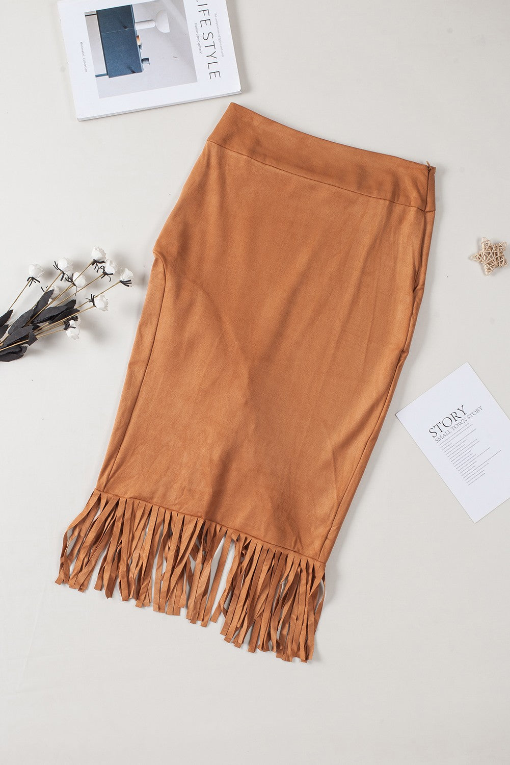 Fringe Asymmetric Wrap Suede Midi Skirt