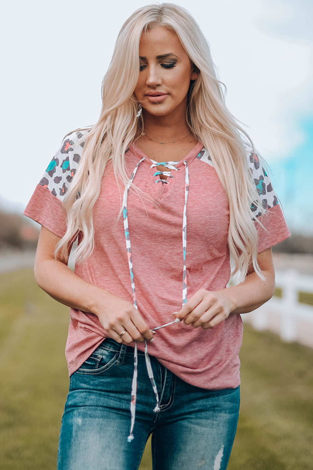 Lace up Leopard Sleeve T Shirt