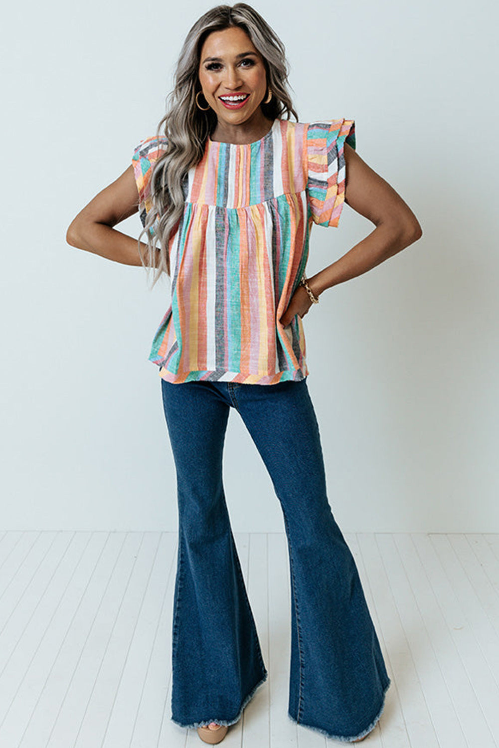 Striped Tiered Ruffle Cap Sleeve Top