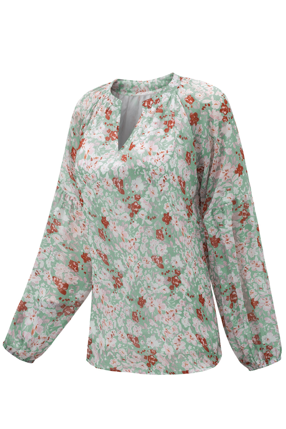 Green Floral Print V Neck Long Puff Sleeve Top