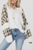 Plaid Patch Waffle Knit Exposed Seam Bubble Sleeve Top