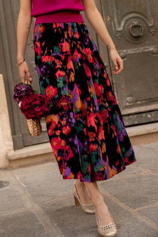 Abstract Floral Print High Waist Maxi Skirt