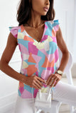 Pastel Geometric Print V-Neck Pleated Cap Sleeve Top