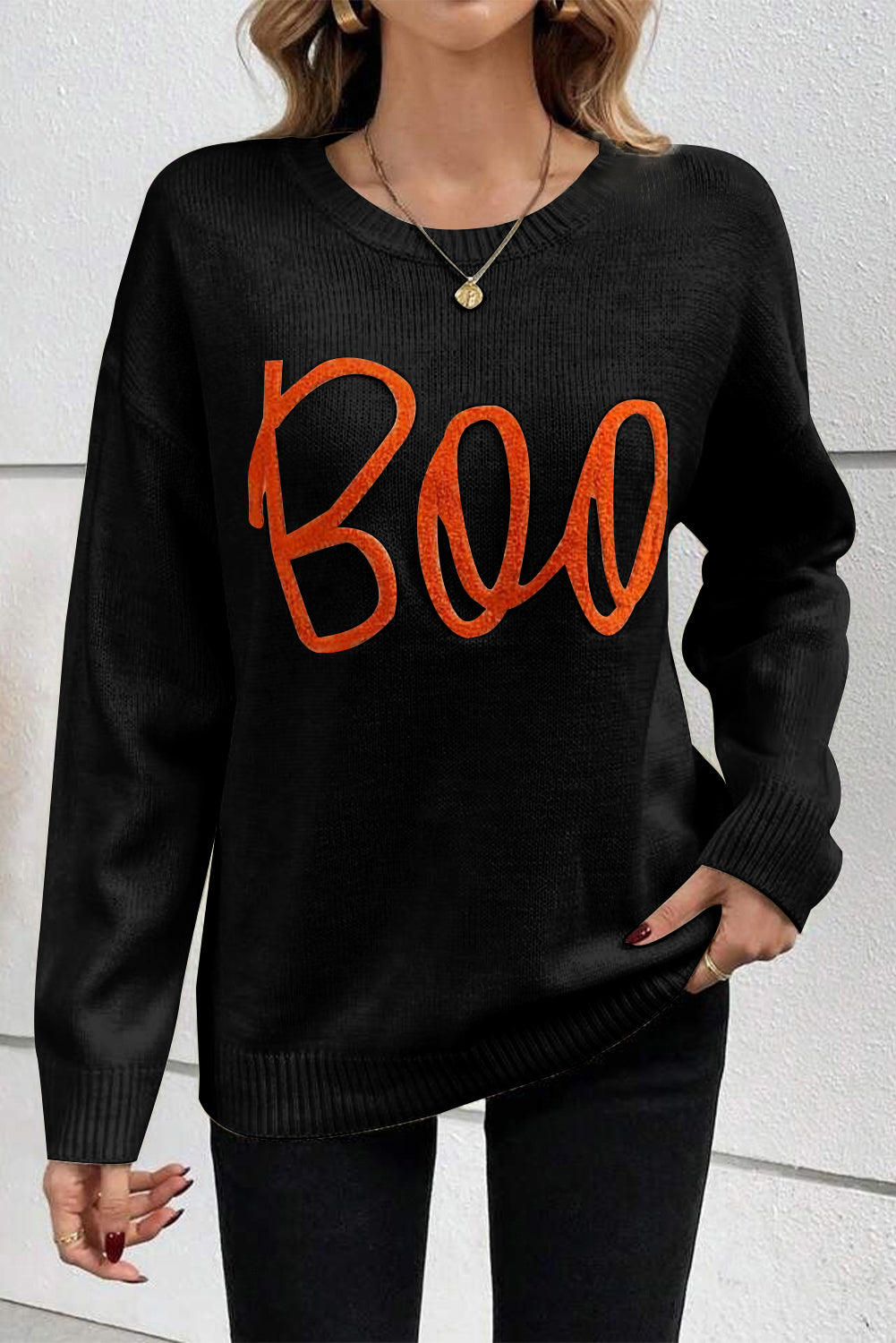 Orange Boo Knitted Pattern Ribbed Edge Drop Shoulder Sweater