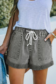 Gray Pocketed Drawstring High Waist Denim Shorts