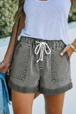 Gray Pocketed Drawstring High Waist Denim Shorts