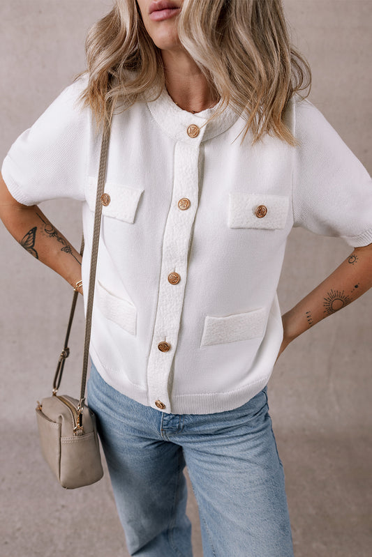 White Gold Buttons Textured Sweater T Shirt