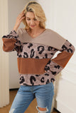 Leopard Colorblock Patchwork V-Neck Loose Sleeve Knit Top